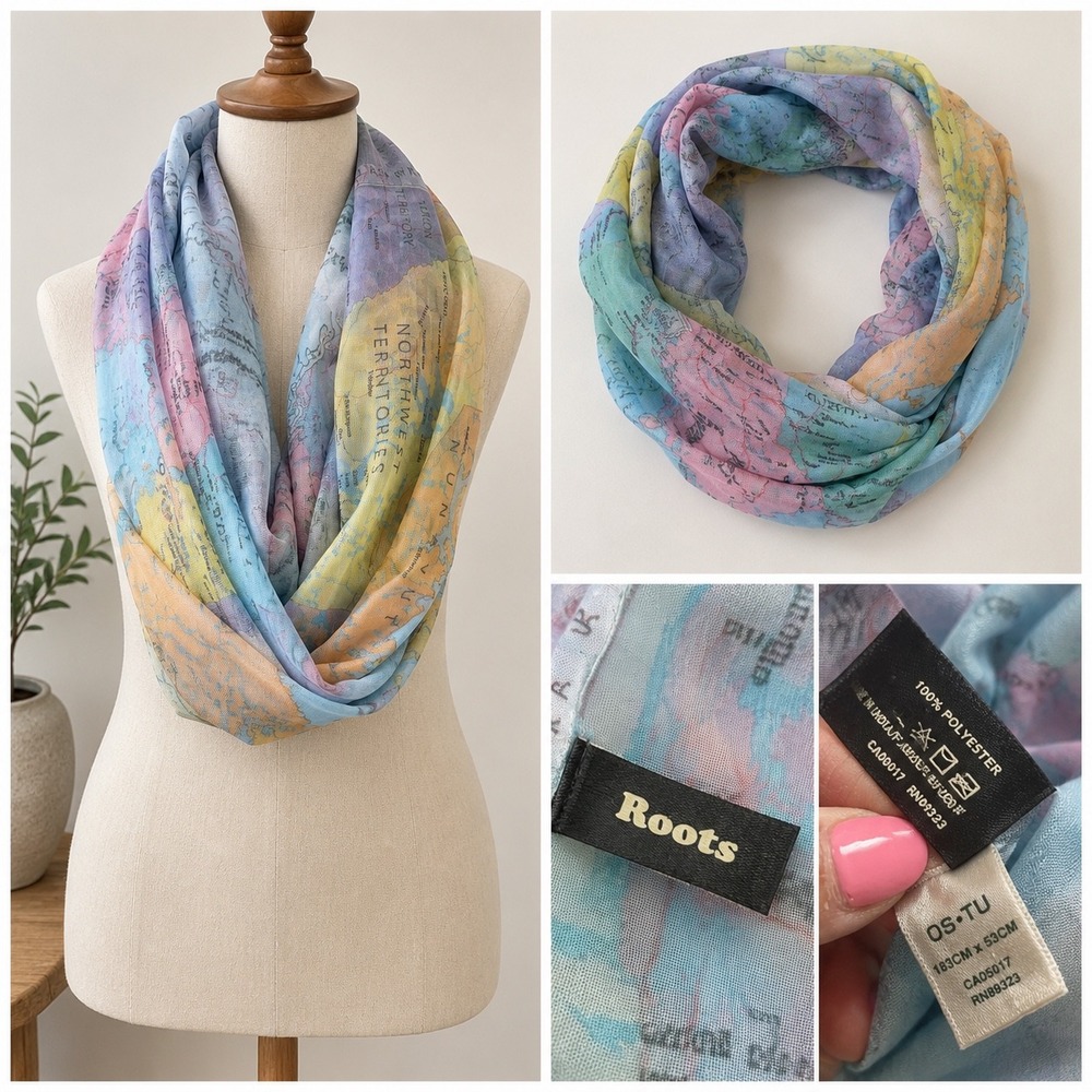 Roots Canada Map Scarf Womens OS Blue Travelcore Cartography Lightweight Gauze